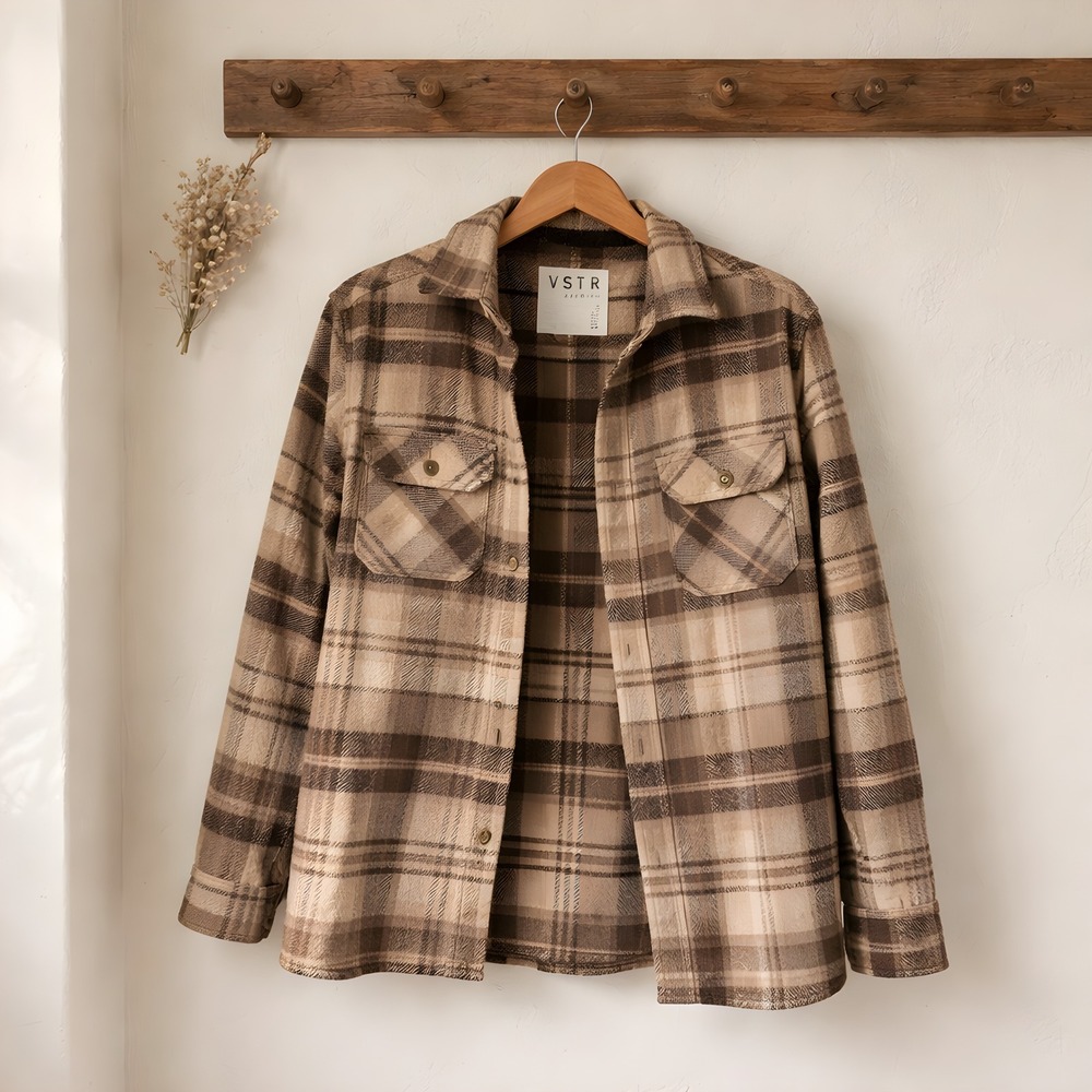 VSTR Flannel Shacket Mens Medium Tan Brown Plaid Excellent Heavyweight Overshirt